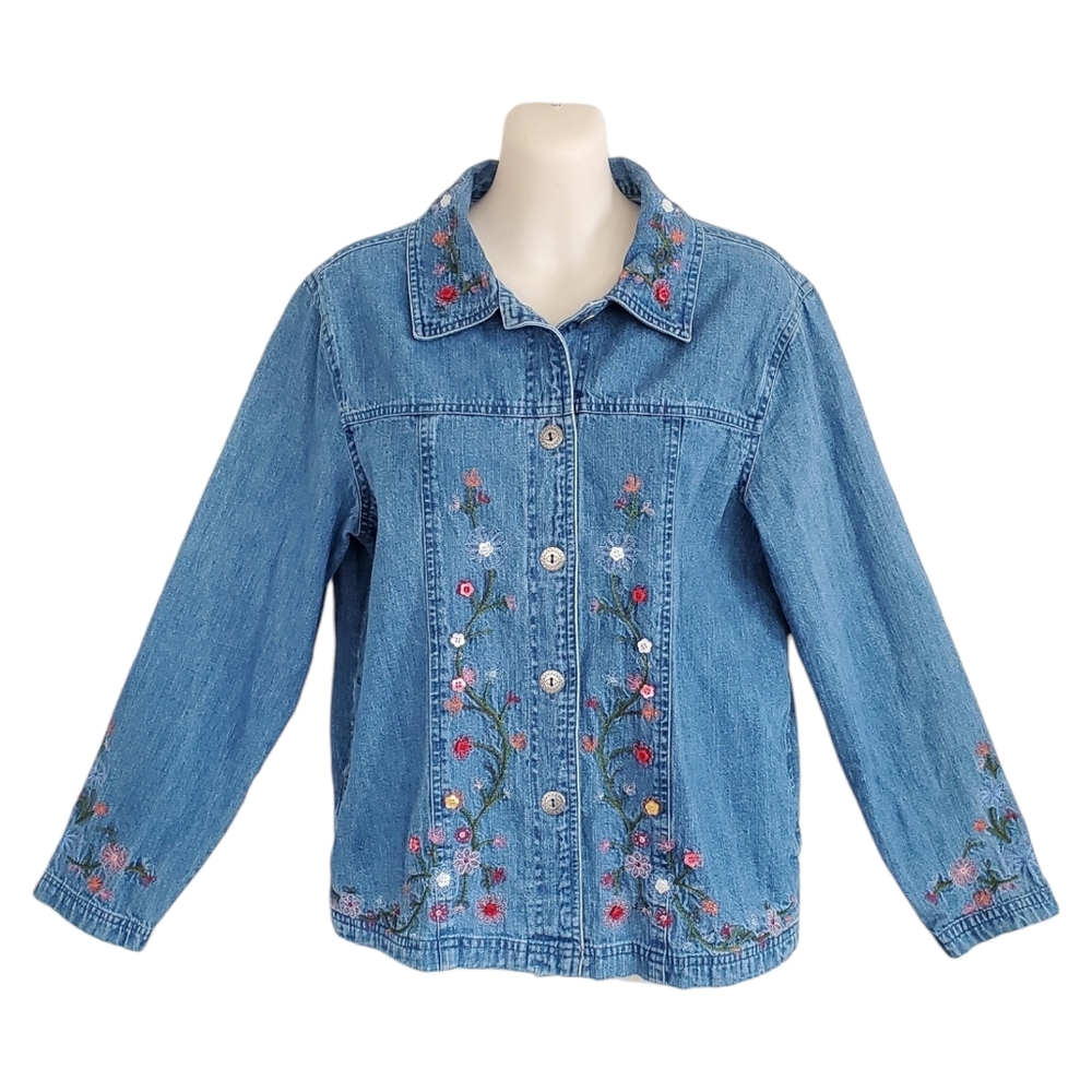 Bobbie Brooks Womens Denim Embroidered Jacket Shirt Size Medium 100% Cotton